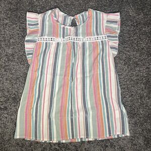 Emery Rose Striped Cotton Blend Shirt XL Flutter Sleeve, Embroidered Flowers‎